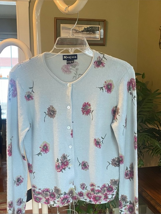 Monsoon Sweaters - Monsoon Light Blue Floral Button Cardigan with Pink Accents